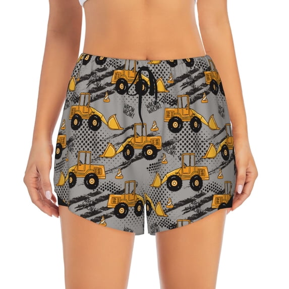 Disketp Retro Excavator Print Women's Shorts Workout Shorts for Athletic Gym Running Shorts with Phone Pockets Medium