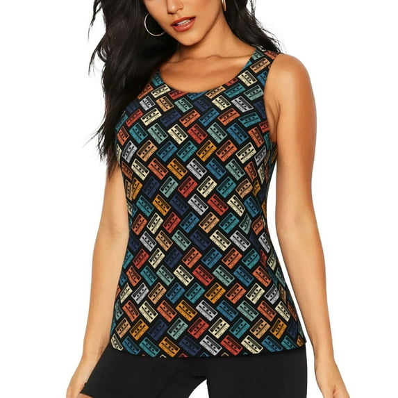 Disketp Retro Tape Print Women's Workout Tank Top Sleeveless Gym Shirt Quick Dry Fitness Bodybuilding Sleeveless T Shirt-Small