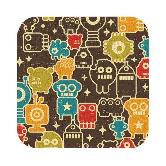Disketp Robot And Monsters Funny Coasters,6 Pcs Leather Coasters With Holder, Perfect Housewarming Hostess Gifts,Protect Furniture From Water Marks Scratch And Damage