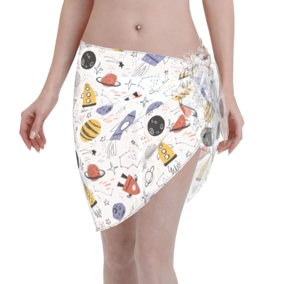 Disketp Rocket Planets Women Swimsuit Cover Up Short Chiffon Summer Beach Sarong Bikini Wrap Skirt Bathing Suit