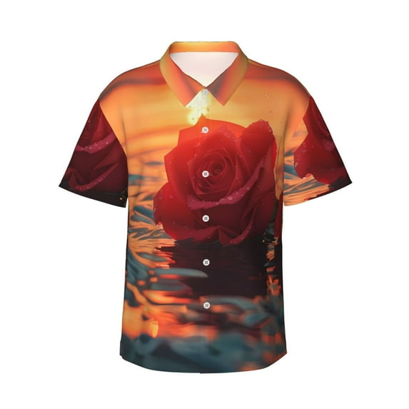 Disketp Romantic Roses Sunset Ocean Hawaiian Shirts for Men,Mens Casual Short Sleeve Button Down Shirts Beach Shirt,3X-Large