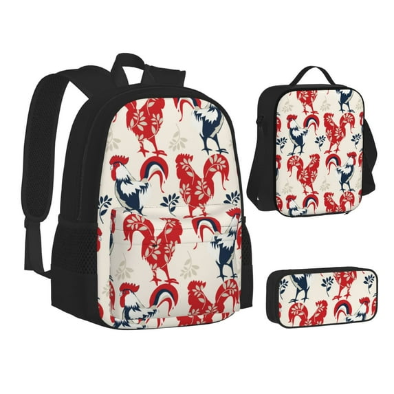 Disketp Roosters Large Capacity Backpack Lunch Bag Pencil Case Combination 3 Piece Set for Student