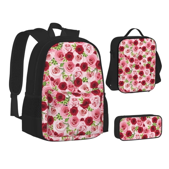 Disketp Rose Flowers Large Capacity Backpack Lunch Bag Pencil Case Combination 3 Piece Set for Student