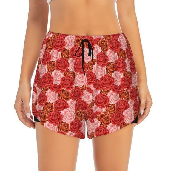 Disketp Rose Flowers Print Women's Shorts Workout Shorts for Athletic Gym Running Shorts with Phone Pockets X-Large