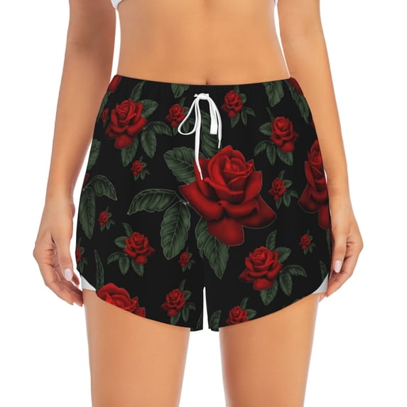 Disketp Roses Print Women's Shorts Workout Shorts for Athletic Gym Running Shorts with Phone Pockets XX-Large
