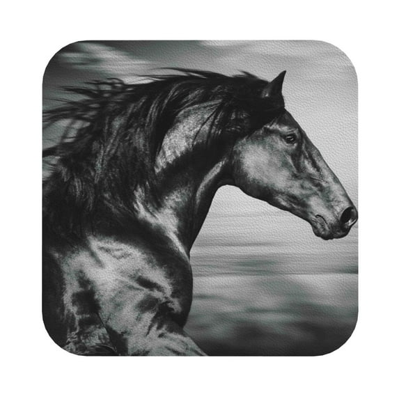 Disketp Running Horse Black And White Funny Coasters,4 Pcs Leather Coasters With Holder, Perfect Housewarming Hostess Gifts,Protect Furniture From Water Marks Scratch