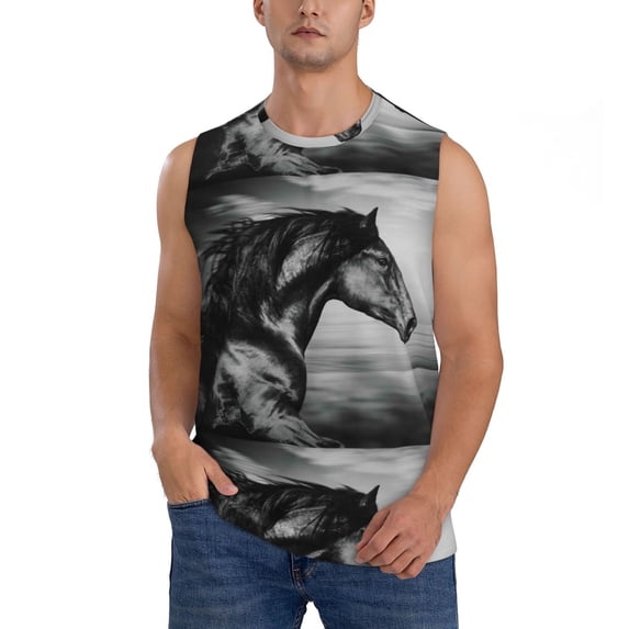 Disketp Running Horse Black And White Sleeveless Tshirts For Men, Muscle Shirts For Men Dry Fit Tank Top-Xx-Large