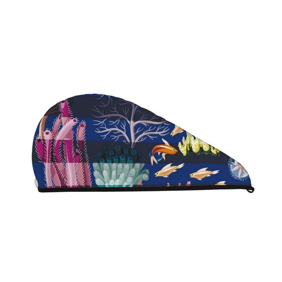 Disketp Sea Inhabitans And Herb Microfiber Hair Towel Wrap,Hair Drying Towel With Button,Towel Turban,Head Towel To Dry Hair Quickly For Girls And Women