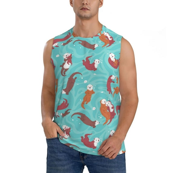 Disketp Sea Otters Family In Blue Water Sleeveless Tshirts for Men, Muscle Shirts for Men Dry Fit Tank Top-Small
