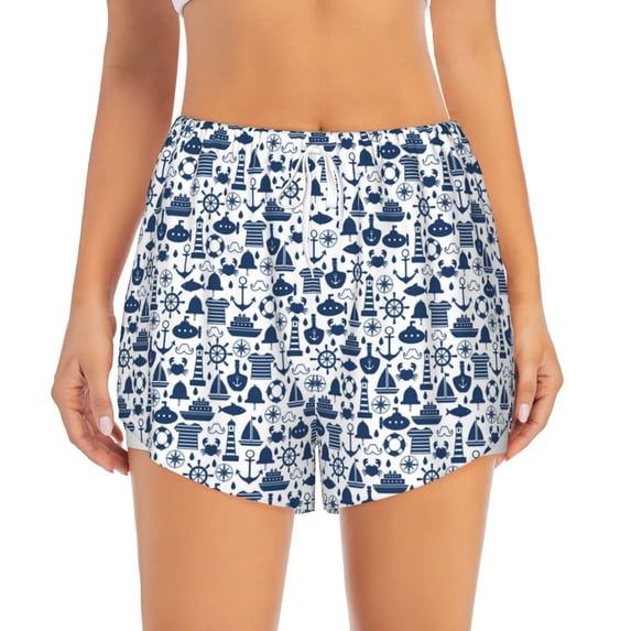 Disketp Seaside Primary Color Print Women's Shorts Workout Shorts for Athletic Gym Running Shorts with Phone Pockets X-Large