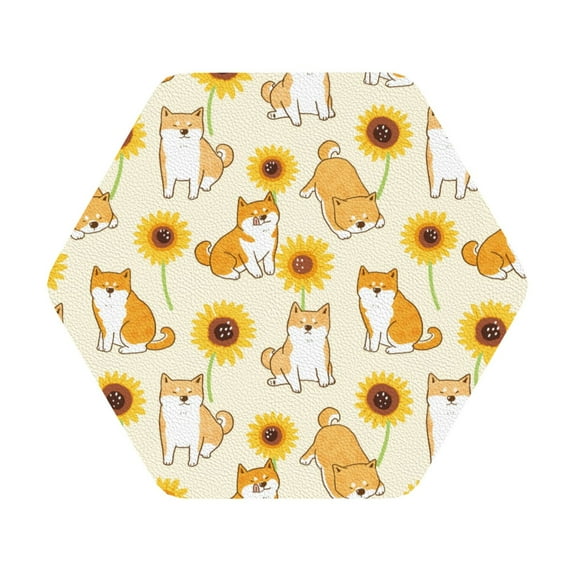 Disketp Shiba Inu Dog And Sunflower Funny Coasters,4 Pcs Leather Coasters With Holder, Perfect Housewarming Hostess Gifts,Protect Furniture From Water Marks Scratch
