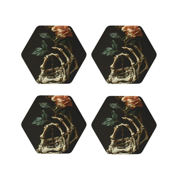 Disketp Skeleton Hand Rose Butterfly Funny Coasters,4 Pcs Leather Coasters with Holder, Perfect Housewarming Hostess Gifts,Protect Furniture from Water Marks Scratch and Damage-Hexagon