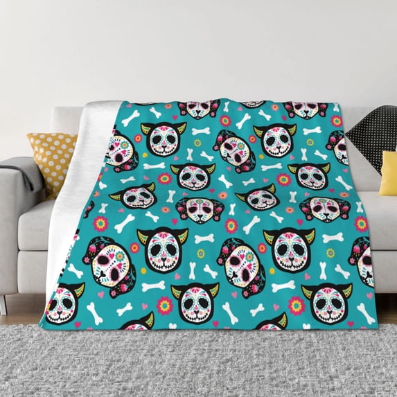 Disketp Skull Cat Flannel Blankets - Thick and Warm Blanket for Winter, Soft Fuzzy Plush King Blanket for All Seasons60"x50"