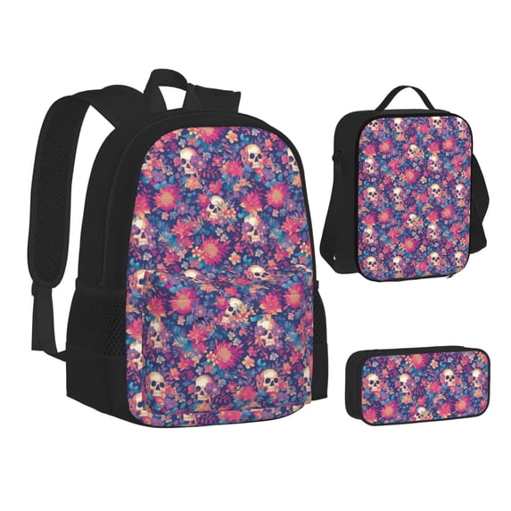 Disketp Skull colorful flower daisy Large Capacity Backpack Lunch Bag Pencil Case Combination 3 Piece Set for Student