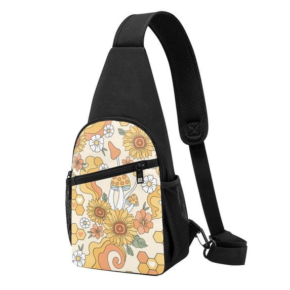 Disketp Sling Backpack,Multipurpose Crossbody Shoulder Bag Travel Hiking Daypack-Groovy Hippie Flower Mushrooms