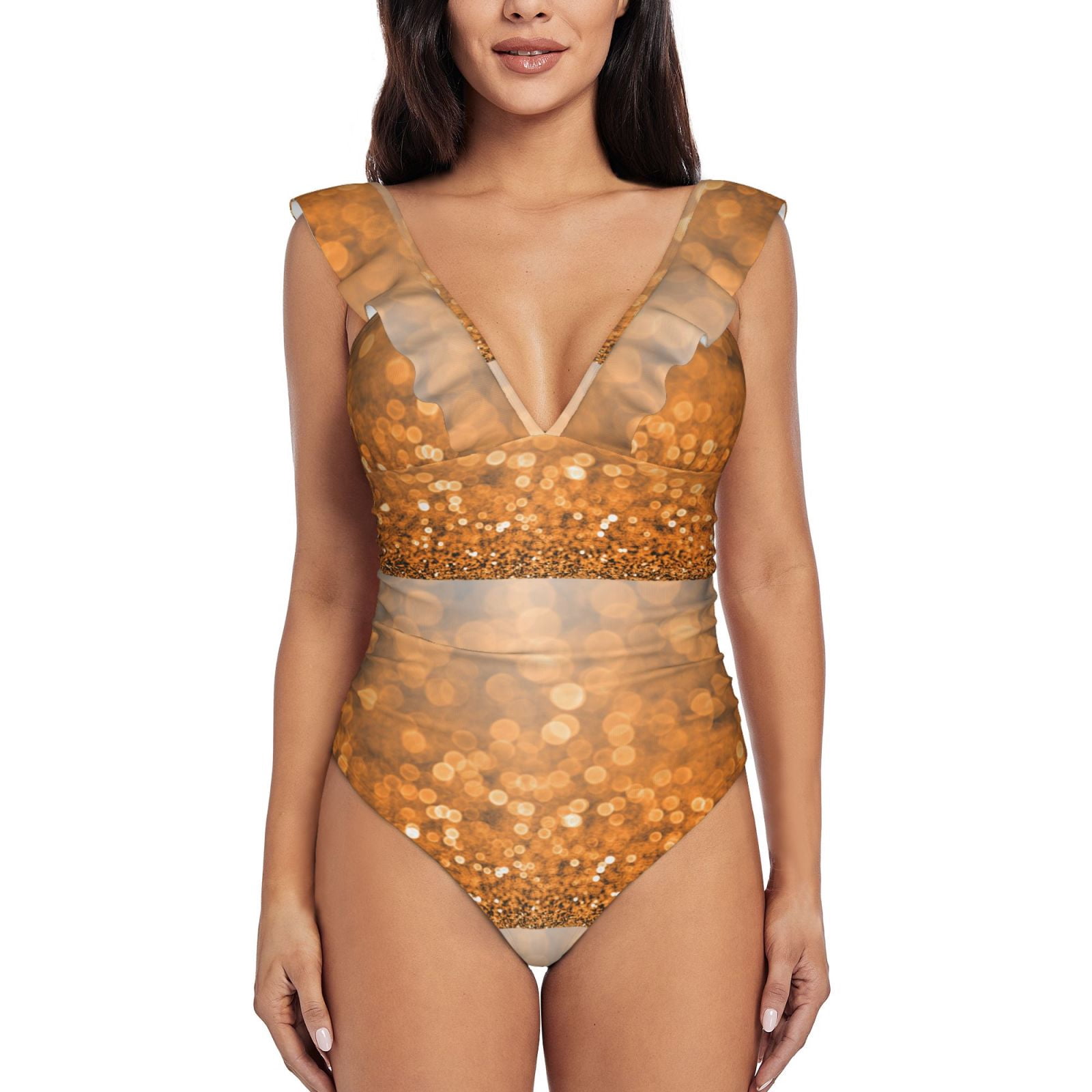 Vitality Orange Color Block Ruffled Knotted Backless One Piece Swimsuit