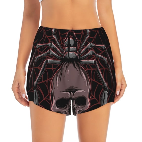 Disketp Spider with Skull Print Women's Shorts Workout Shorts for Athletic Gym Running Shorts with Phone Pockets XX-Large