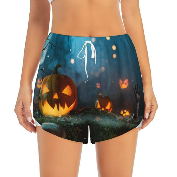Disketp Spooky Halloween Print Women's Shorts Workout Shorts for Athletic Gym Running Shorts with Phone Pockets Large