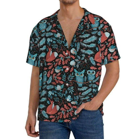 Disketp Squirrel Owl Autumn Maple Leaves Men's Hawaiian, Shirts Button Down Holiday Beach Shirts-{sizeName}-XX-Large