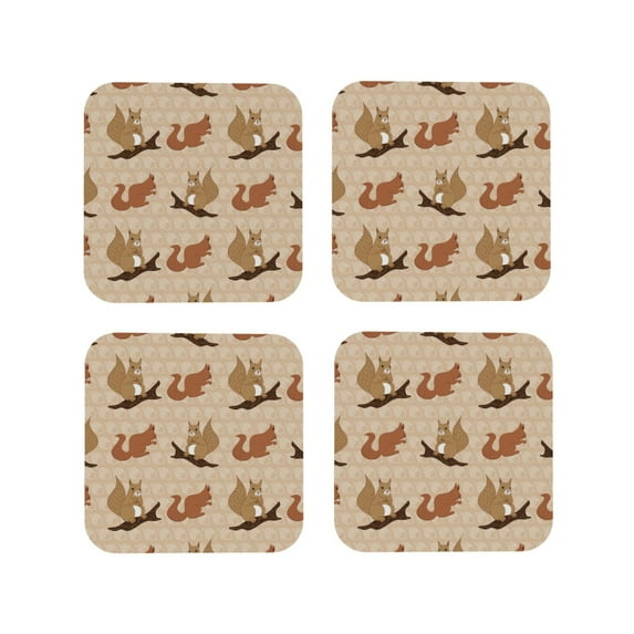 Disketp Squirrel nut backgrounds Funny Coasters,4 Pcs Leather Coasters with Holder, Perfect Housewarming Hostess Gifts,Protect Furniture from Water Marks Scratch and Damage-Square