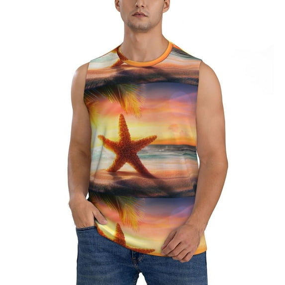 Disketp Starfish Sunset Sea Beach Sleeveless Tshirts For Men, Muscle Shirts For Men Dry Fit Tank Top-Large