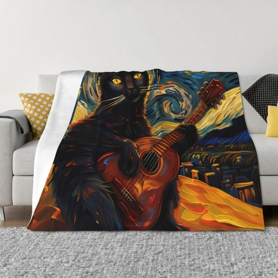 Disketp Starry Night Cat Guitarist Flannel Blankets - Thick and Warm Blanket for Winter, Soft Fuzzy Plush King Blanket for All Seasons-80"x60"