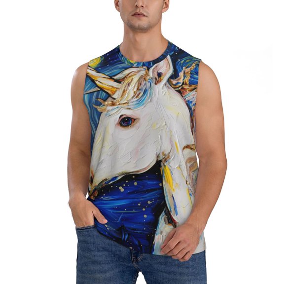 Disketp Starry White Horse Sleeveless Tshirts for Men, Muscle Shirts for Men Dry Fit Tank Top-Large