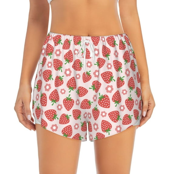 Disketp Strawberry Flower Print Women's Shorts Workout Shorts for Athletic Gym Running Shorts with Phone Pockets Medium