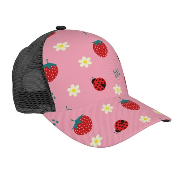 Disketp Strawberry and Ladybugs Print Trucker Hat Men Women - Mesh Baseball SnapBack Cap
