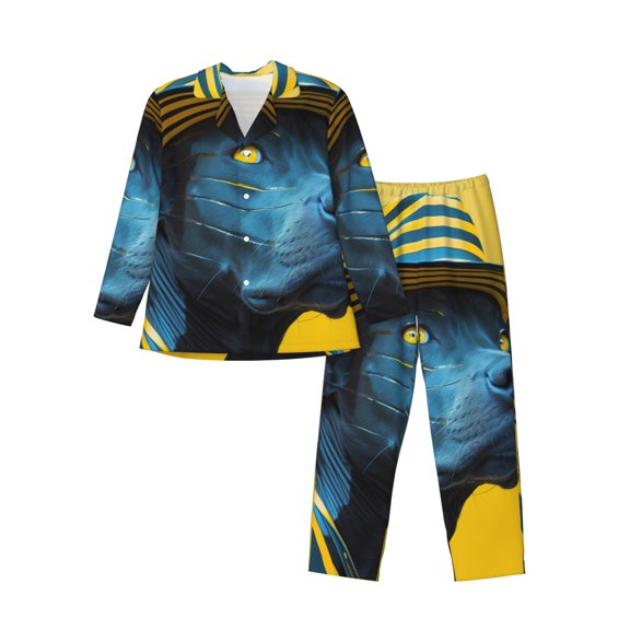 Disketp Stylish Yellow Dog Mens Pajama Set, Soft Warm Long Sleeve Sleepwear, Cozy Button-Down Pjs for Men-