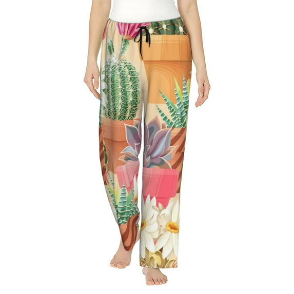 Disketp Succulent And Cactus Print Women'S Comfy Pajama Pants Casual Drawstring Palazzo Lounge Wide Leg Pants