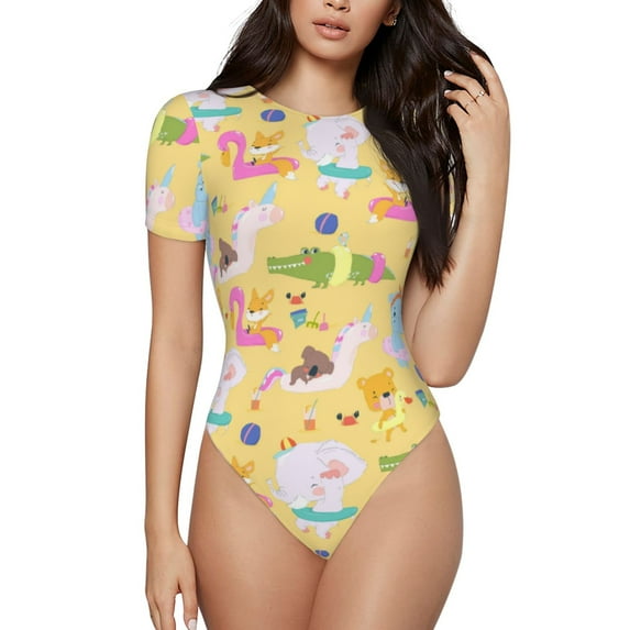 Disketp Summer Animals for Women's Short-Sleeved Onesie Fit Top T-Shirt Round Neck Basic Casual T-shirt Bodysuits-Small