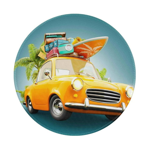 Disketp Summer Funny Retro Car With Surfboard Small Mouse Pad 7.9x7.9 Inches,Washable Round Mousepad For Office Laptop Computer,Non-Slip Rubber Base Mouse Pads For Wireless Mouse