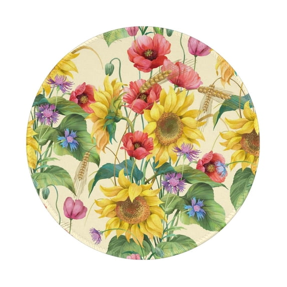 Disketp Sunflower Cornflower Poppy Small Mouse Pad 7.9x7.9 Inches,Washable Round Mousepad For Office Laptop Computer,Non-Slip Rubber Base Mouse Pads For Wireless Mouse