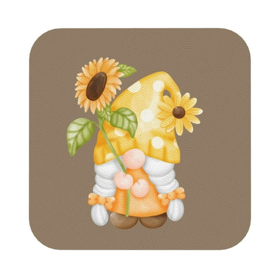 Disketp Sunflower Gnomes Funny Coasters,6 Pcs Leather Coasters With Holder, Perfect Housewarming Hostess Gifts,Protect Furniture From Water Marks Scratch And Damage