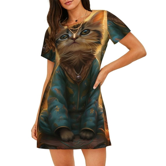 Disketp Sunflower Meditating Cat for Womens Short Sleeve Sleepshirt Scoopneck Cute Nightdress Comfy Nightgown