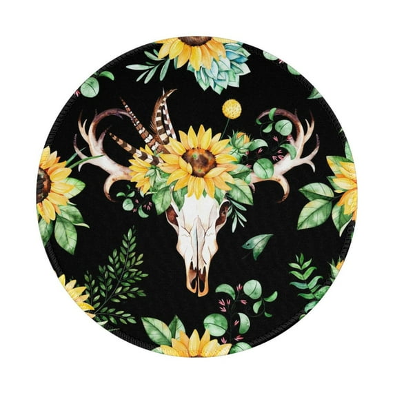 Disketp Sunflower Skull Boho Watercolor Background Small Mouse Pad 7.9x7.9 Inches,Washable Round Mousepad For Office Laptop Computer,Non-Slip Rubber Base Mouse Pads For Wireless Mouse
