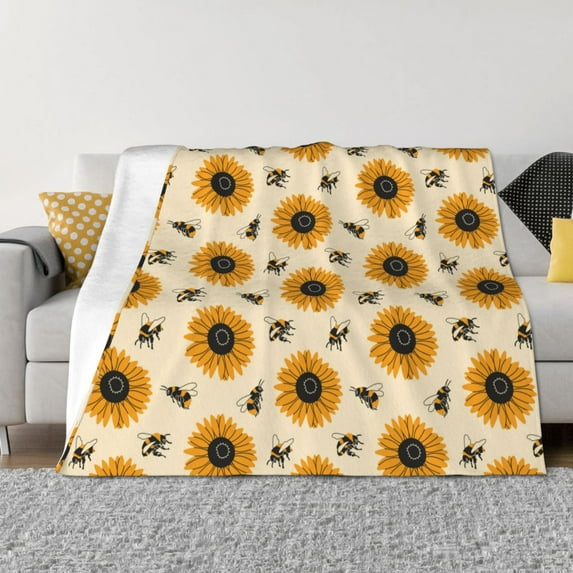 Disketp Sunflowers And Bee Flannel Blankets - Thick and Warm Blanket for Winter, Soft Fuzzy Plush King Blanket for All Seasons60"x50"