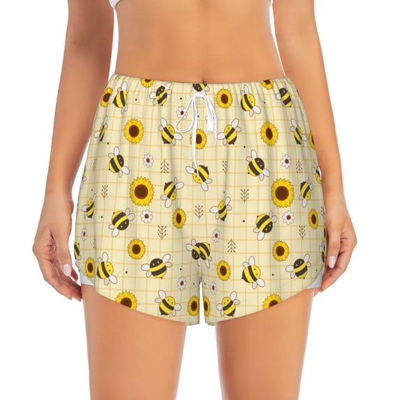 Disketp Sunflowers Bee Print Women's Shorts Workout Shorts for Athletic Gym Running Shorts with Phone Pockets XX-Large