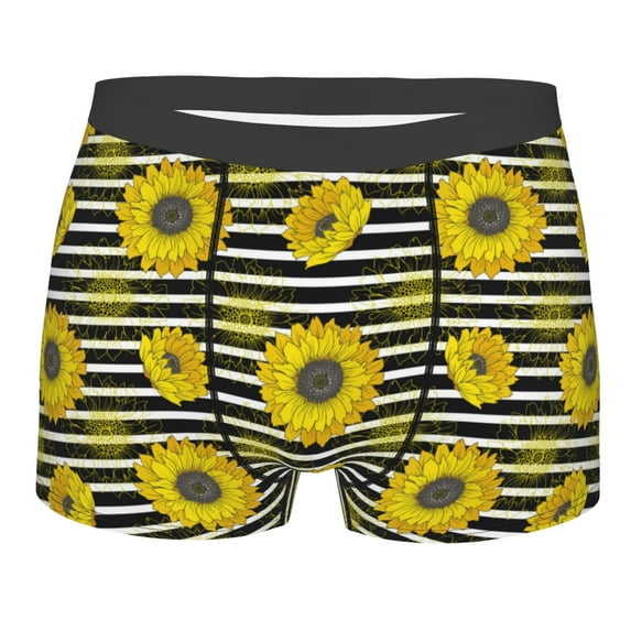 Disketp Sunflowers On Black And White Stripes Men's Boxer Briefs,Soft and Breathable Cotton Underwear with ComfortFlex Waistband