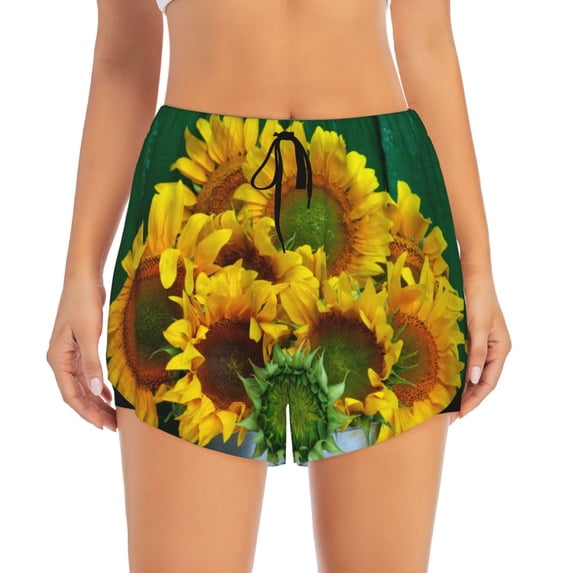 Disketp Sunflowers in Bucket Print Women's Shorts Workout Shorts for Athletic Gym Running Shorts with Phone Pockets Small