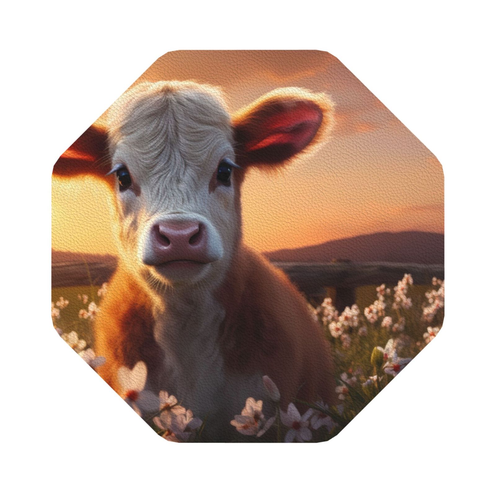 Disketp Sunset Calf Flower Field Funny Coasters,6 Pcs Leather Coasters