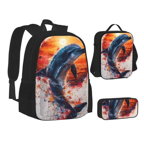 Disketp Sunset Ocean Watercolor Dolphin Large Capacity Backpack Lunch Bag Pencil Case Combination 3 Piece Set for Student