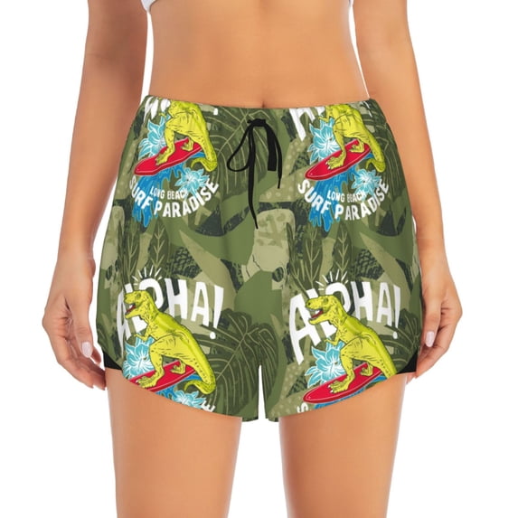 Disketp Surfing Dinosaur Print Women's Shorts Workout Shorts for Athletic Gym Running Shorts with Phone Pockets Small