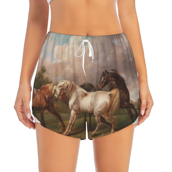 Disketp Three Horses Oil Painting Print Women's Shorts Workout Shorts for Athletic Gym Running Shorts with Phone Pockets Medium