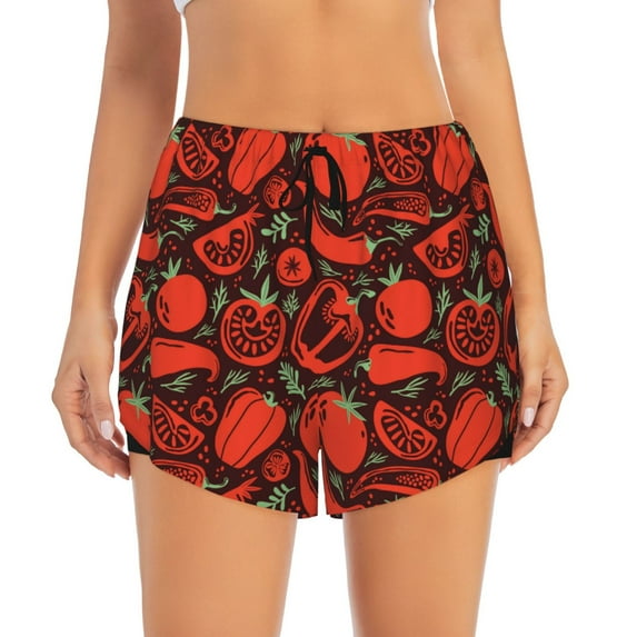 Disketp Tomatoes And Chili Print Women's Shorts Workout Shorts for Athletic Gym Running Shorts with Phone Pockets Large