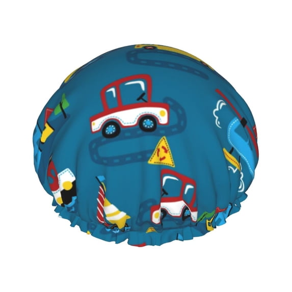 Disketp Transportations With Buildings,Cartoon Transportations Shower Caps,Reusable Shower Cap For Women, Double Layer Waterproof Hair Cap, Large Size For All Hair Lengths,For Girls Spa Home Salon Use