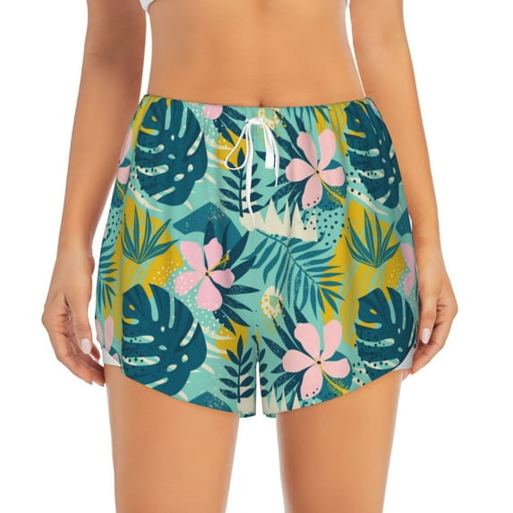 Disketp Tropical Floral Print Women's Shorts Workout Shorts for Athletic Gym Running Shorts with Phone Pockets Medium