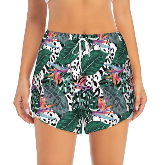 Disketp Tropical Leaves Print Women's Shorts Workout Shorts for Athletic Gym Running Shorts with Phone Pockets Small