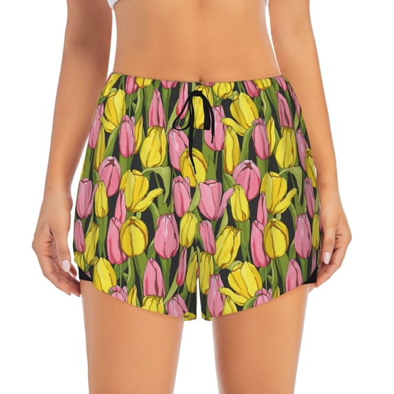 Disketp Tulips Flowers Print Women's Shorts Workout Shorts for Athletic Gym Running Shorts with Phone Pockets Small